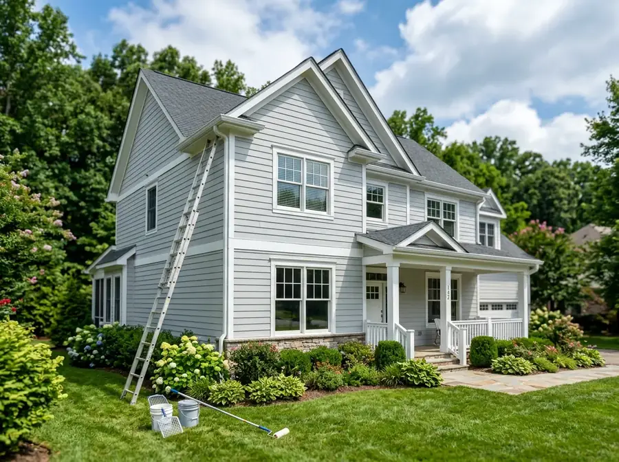 Freshly painted Tennessee home exterior with ladder and paint buckets