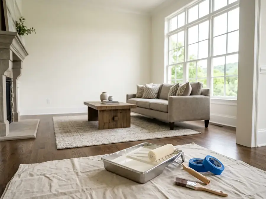 Freshly painted Tennessee living room with warm-white walls and clean trim