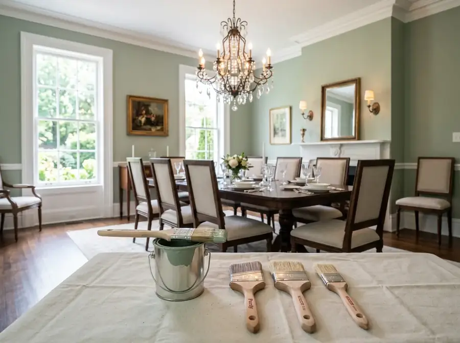 High-end dining room with freshly painted walls and professional brush set