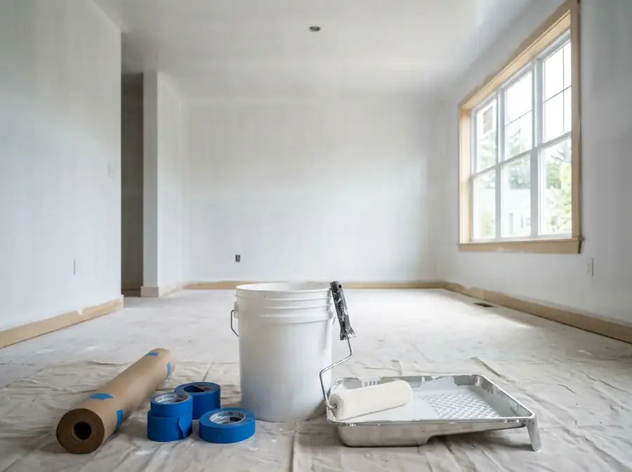 Fresh drywall room with primer bucket, roller tray, and masking supplies