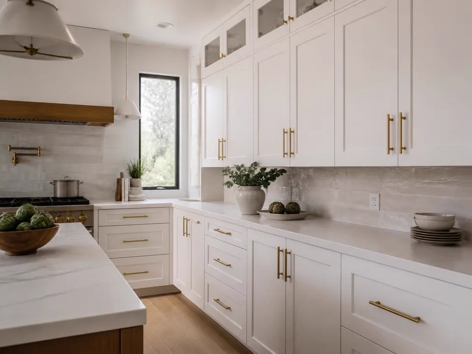 Luxury kitchen with freshly refinished matte white shaker cabinets and brass hardware