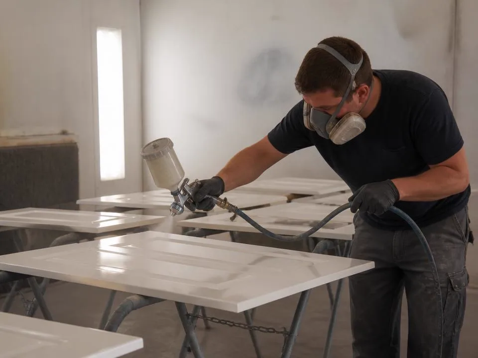 Painter spraying cabinet doors with an HVLP spray gun in a finishing booth
