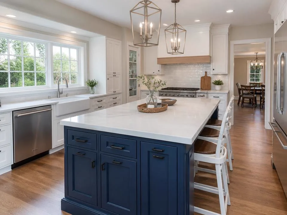 Two-tone kitchen with refinished navy island cabinets and white perimeter cabinets