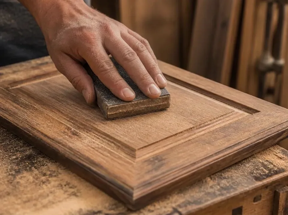 Hand sanding a wooden cabinet door during the refinishing prep process