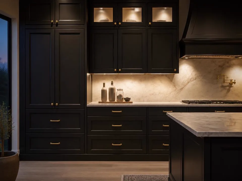 Freshly painted charcoal black cabinets with gold pulls and under-cabinet lighting